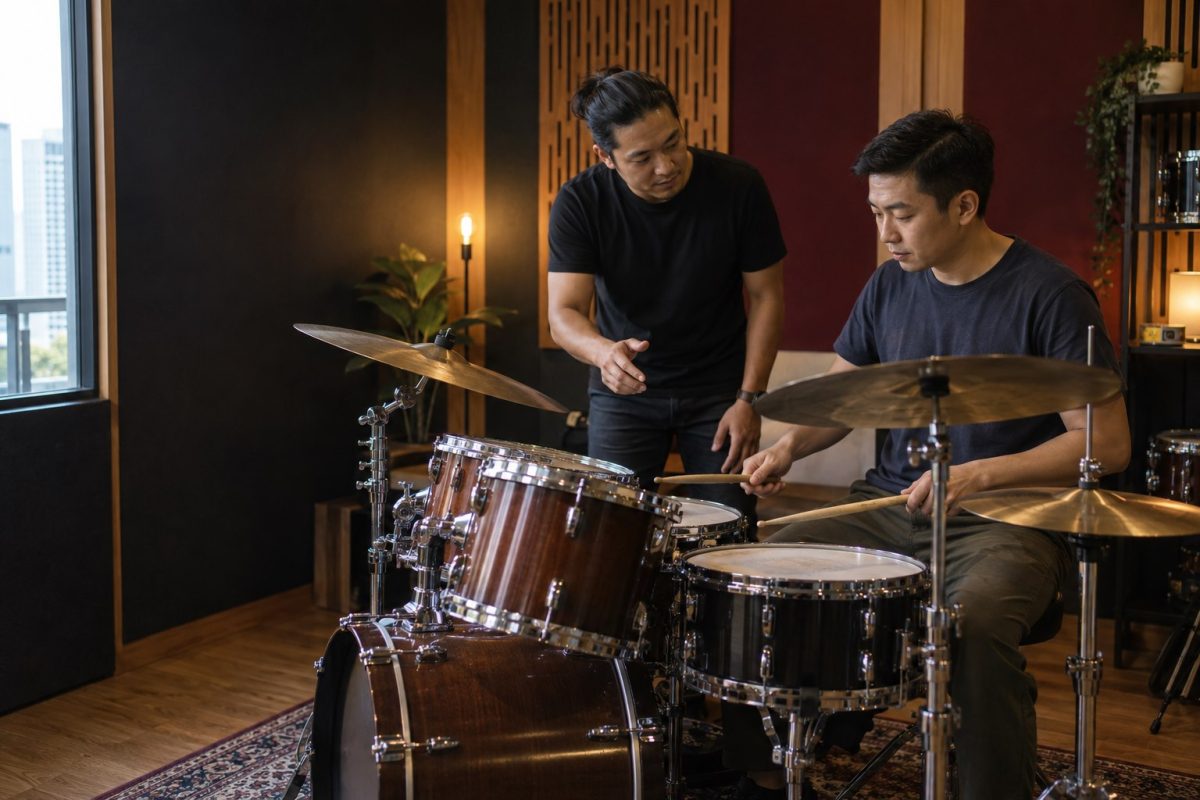 Asian adult beginner learning drums with an instructor in a music studio