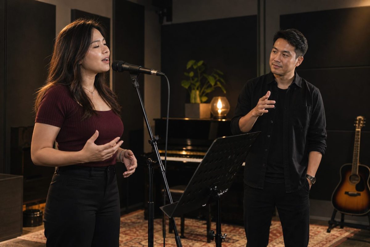 Asian adult beginner practising singing with a Vocal instructor in a music studio