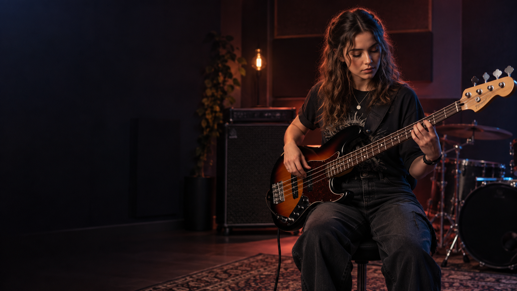 Student playing bass guitar in an Academy of Rock studio