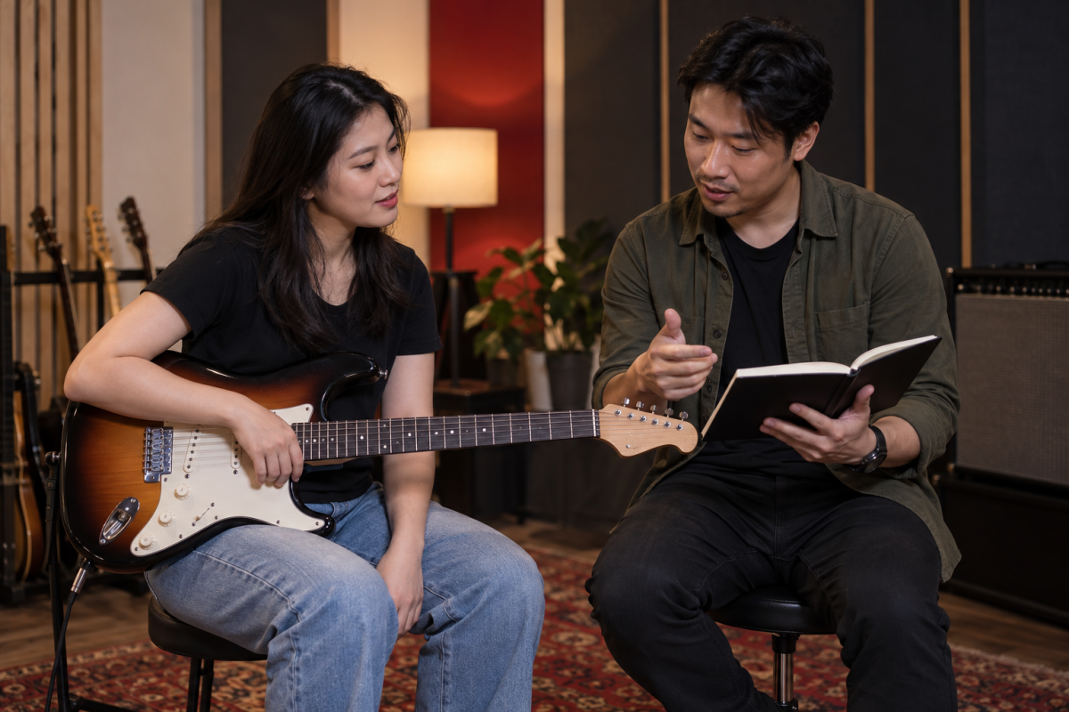 Asian adult learner discussing Guitar lesson options with an instructor in a music studio