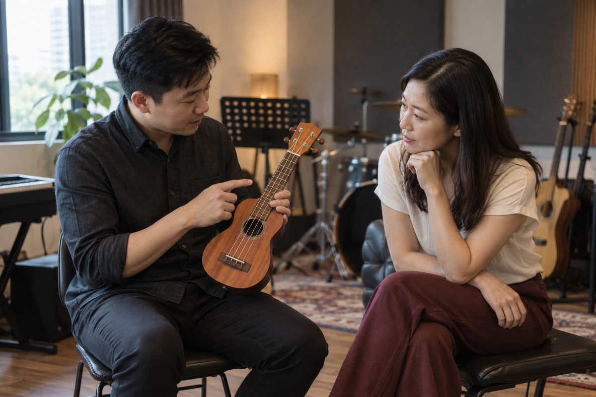 Asian music instructor discussing a beginner Ukulele with a parent