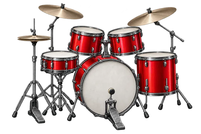 Illustration of a red acoustic drum kit with drums and cymbals
