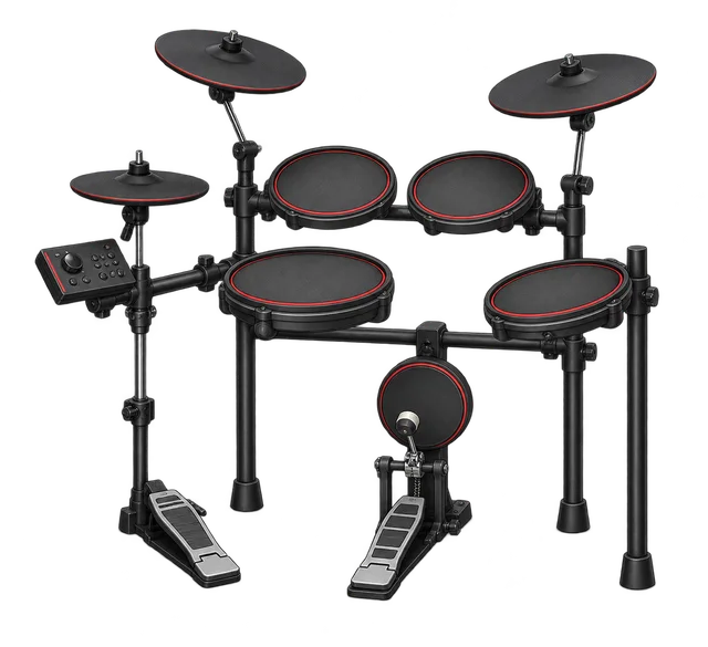 Illustration of an electronic drum kit with pads and pedals