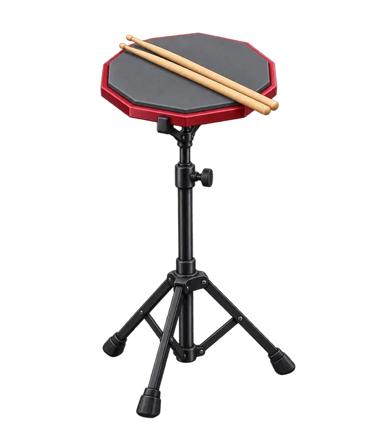 Illustration of a practice pad and drumsticks on a stand